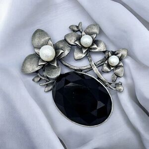 Vintage Flower Brooch Black Faceted Jewel Floral Pearl Large Estate Jewelry
